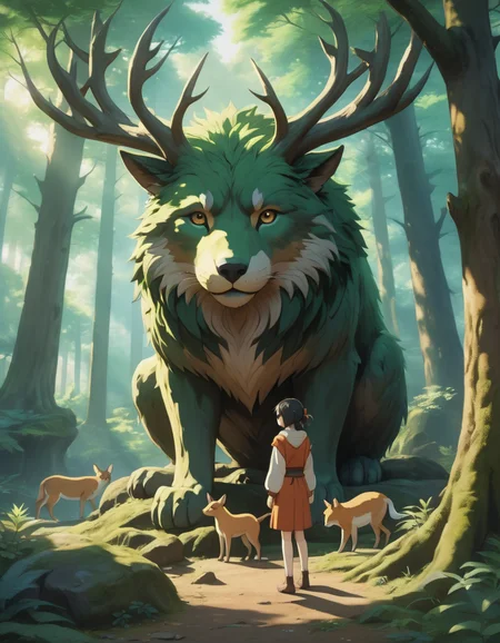 An anime scene of a forest guardian, ancient tree, animals paying respects, serene aura