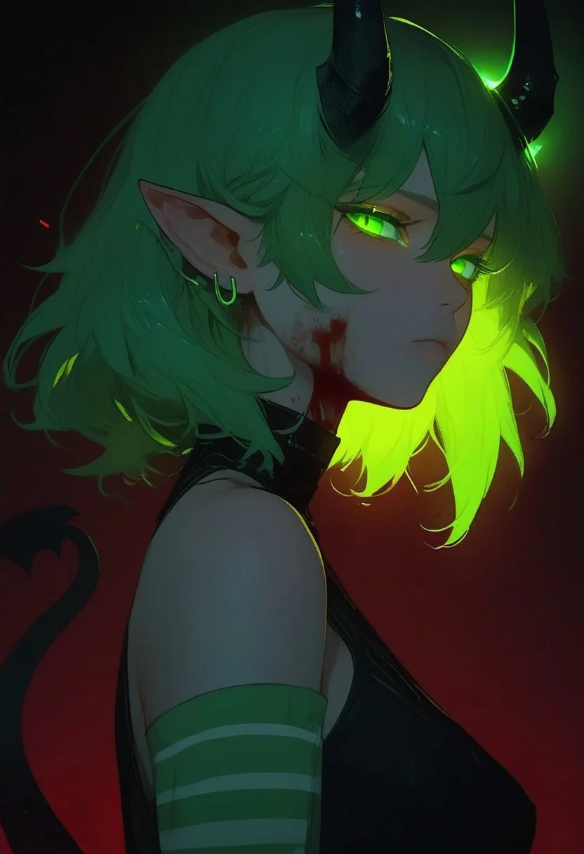 rating_explicit, score_9. score_8_up, score_7_up, 1girl, solo, horns, looking at viewer, pointy ears, green eyes, short hair, striped sleeves, glowing eyes, tail, glowing, from side, green hair, closed mouth, breasts, hair between eyes, striped, bangs, earrings, blood
Expressiveh