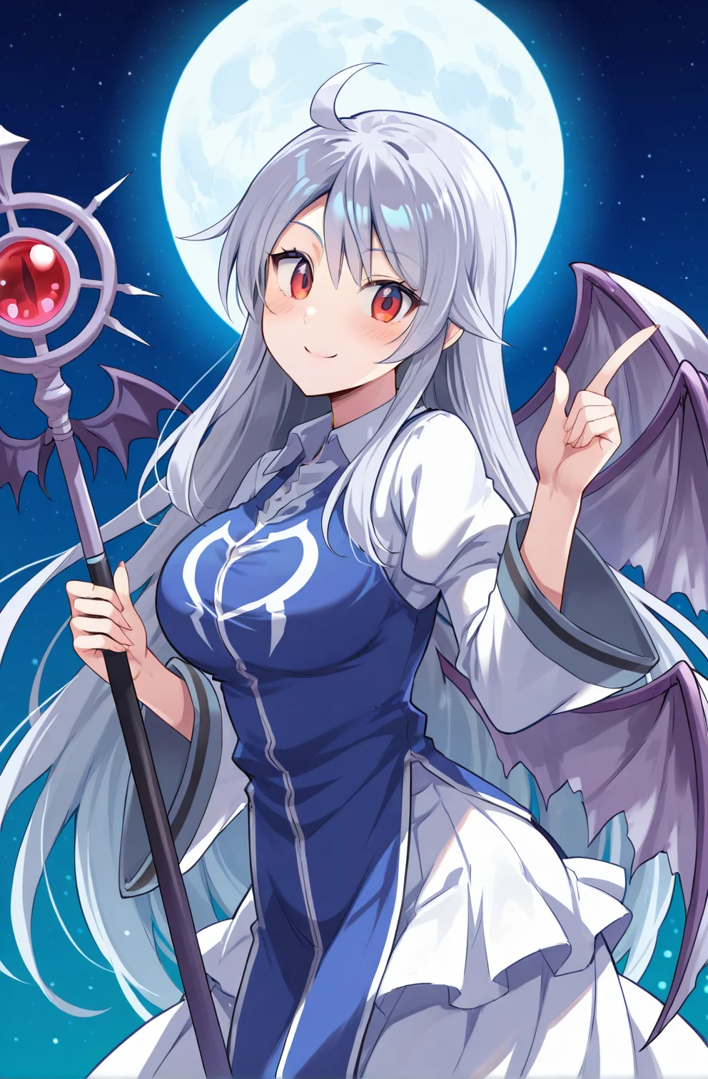 <lora:Sariel(Touhou)illustriousXL-12:1> sariel, 1girl, solo,from side,
gray hair, long sidelocks, long hair, very long hair, ahoge,bangs, red eyes,wings,multiple wings, bat wings ,large breasts,
white skirt, blue dress, white shirt, sleeveless dress,tabard , two-tone sleeves , collared shirt,
closed mouth, looking at viewer,smile, head tilt,index finger raised, staff, holding staff,moon, sky, star (sky), full moon,
BREAK masterpiece,best quality,amazing quality