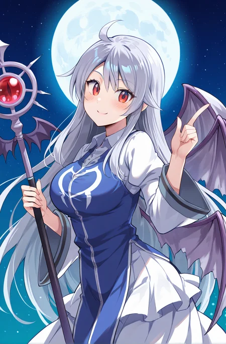 <lora:Sariel(Touhou)illustriousXL-12:1> sariel, 1girl, solo,from side,
gray hair, long sidelocks, long hair, very long hair, ahoge,bangs, red eyes,wings,multiple wings, bat wings ,large breasts,
white skirt, blue dress, white shirt, sleeveless dress,tabard , two-tone sleeves , collared shirt,
closed mouth, looking at viewer,smile, head tilt,index finger raised, staff, holding staff,moon, sky, star (sky), full moon,
BREAK masterpiece,best quality,amazing quality