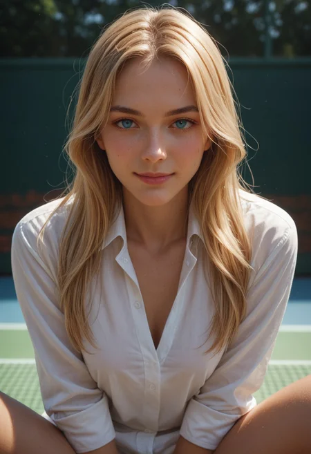 score_9_up, score_8_up, score_7_up, score_6_up, 1girl, 25 years old, perfect face, (adult), sexy,
three quarter view, detailed face, portrait, face focus, depth of field, looking at viewer, blush, shy smile,
blue eyes,
blonde hair, long hair,
white shirt,
tennis court,
legs apart, looking at viewer,