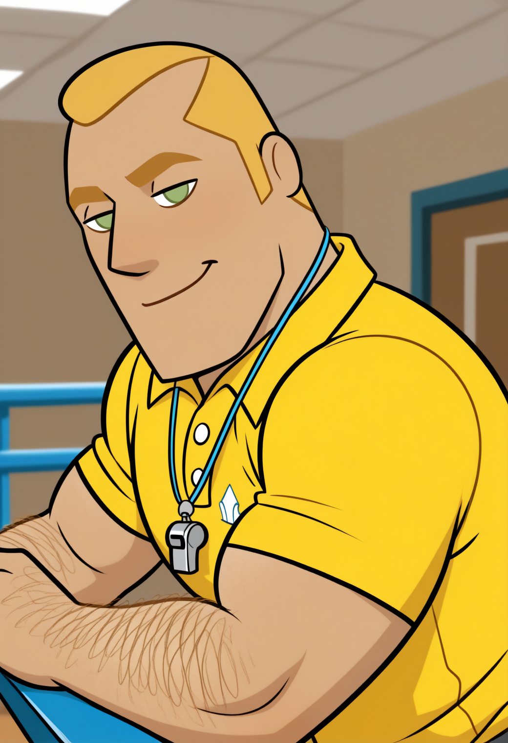 masterpiece,best quality,
1boy,solo,
<lora:coach_ben_ILXL_0_1_CAME_v1_rev2:1>,c04chB,toon \(style\),blonde hair,bara,green eyes,thick eyebrows,no pupils,
arm hair,hairy,
yellow shirt,whistle around neck,from side,looking ahead,smirk,indoors,coach,polo shirt,against railing,upper body,looking at viewer,head tilt,
depth of field,âââ