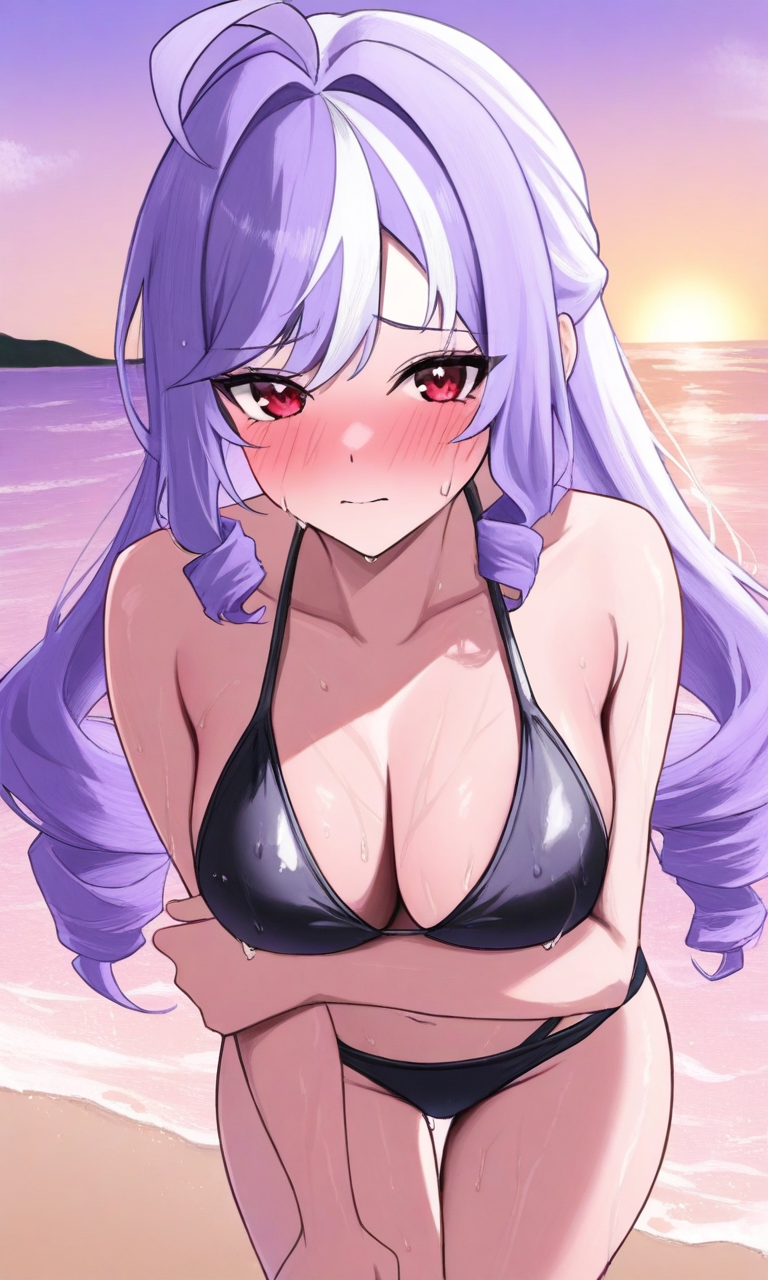 masterpiece, best quality, high resolution, absurdres, 1girl, vivianzen, red_eyes, purple_hair, streaked_hair, long_hair, twin_drills, ahoge, medium_breasts, beach, in_water, wet, black_bikini, looking_at_viewer, embarrassed, sky,