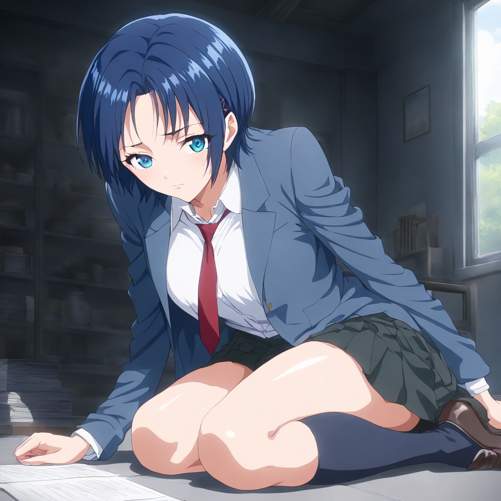 masterpiece,high score,great score,absurdres,looking at viewer,1girl,solo,school_uniform,skirt,<lora:Nakayama ag4o v1:1> nakayama, blue hair, short hair, blue eyes,