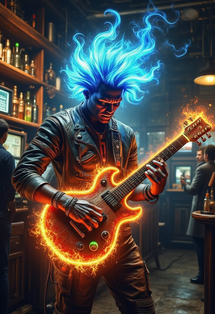 YFG-LBGadgets Hyper-realistic 3D rendering of a fiery ghost-like figure with translucent skin, blazing blue flames for hair, aggressively playing a glowing, flame-covered electric guitar in a dimly lit bar with patrons in the background, emphasizing the intense energy and otherworldly aura of the scene with intricate details and dynamic lighting,