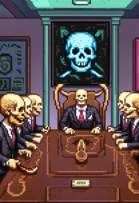 pixel art, digital art, Photorealistic depiction of a corporate boardroom where the table is shaped like a giant skull, its teeth forming individual seats for executives. The walls are lined with abstract paintings of dollar signs and gravestones. A CEO in a suit gestures dramatically while holding a scythe. style hyperrealism with satirical undertones. Lighting: cold fluorescent glow. theme capitalism, mortality, power dynamics. darkly comedic, provocative.