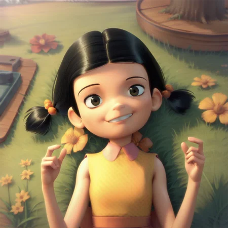 score_9, score_8, score_7, break, solo, franny_mtr, 1girl, black hair, twintails, hair bobbles, sleeveless, dress, smile, upper body focus, on back, grass, tree, flowers,