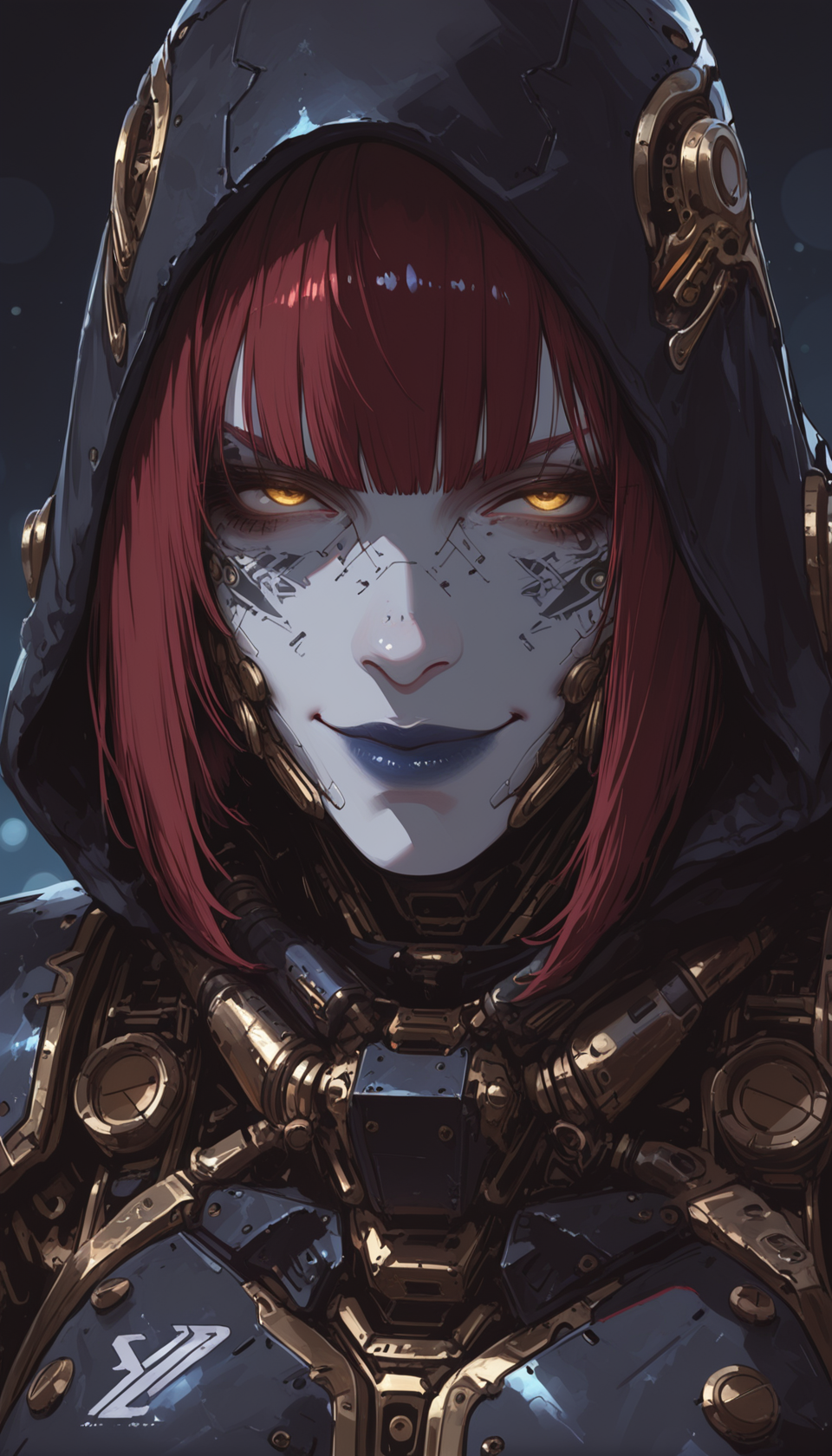 masterpiece,best quality,amazing quality,very aesthetic,absurdres,newest,detailed eyes,32k,ultra detailed, 1girl, solo, epic futuristic illustration in techno punk style, dark red hair, messy bob, bangs, gold eyes, dark blue lips, face tattoo, cyber armor, armor joints glow soft white light, black hood on head, inpainted armor with primal tribal patterns, sci fi realm merges with dark fantasy style in warhammer universe style, look at viewer, cheeky grin, closed mouth, sketch art style, close up, straight view, matte palette, contrast, shading, bokeh, gradient, 7481llu, arsmjstyle, <lora:HyperdetailedColoredPencilIl:0.25> <lora:NOOB_vp1_detailer_by_volnovik_v1:0.45> <lora:Detailer_NoobAI_Incrs_v1:0.6> <lora:Sinozick_style:0.35> <lora:- iLL - the_edgy_mech_V3.0:1> <lora:748cm_illu:0.25>