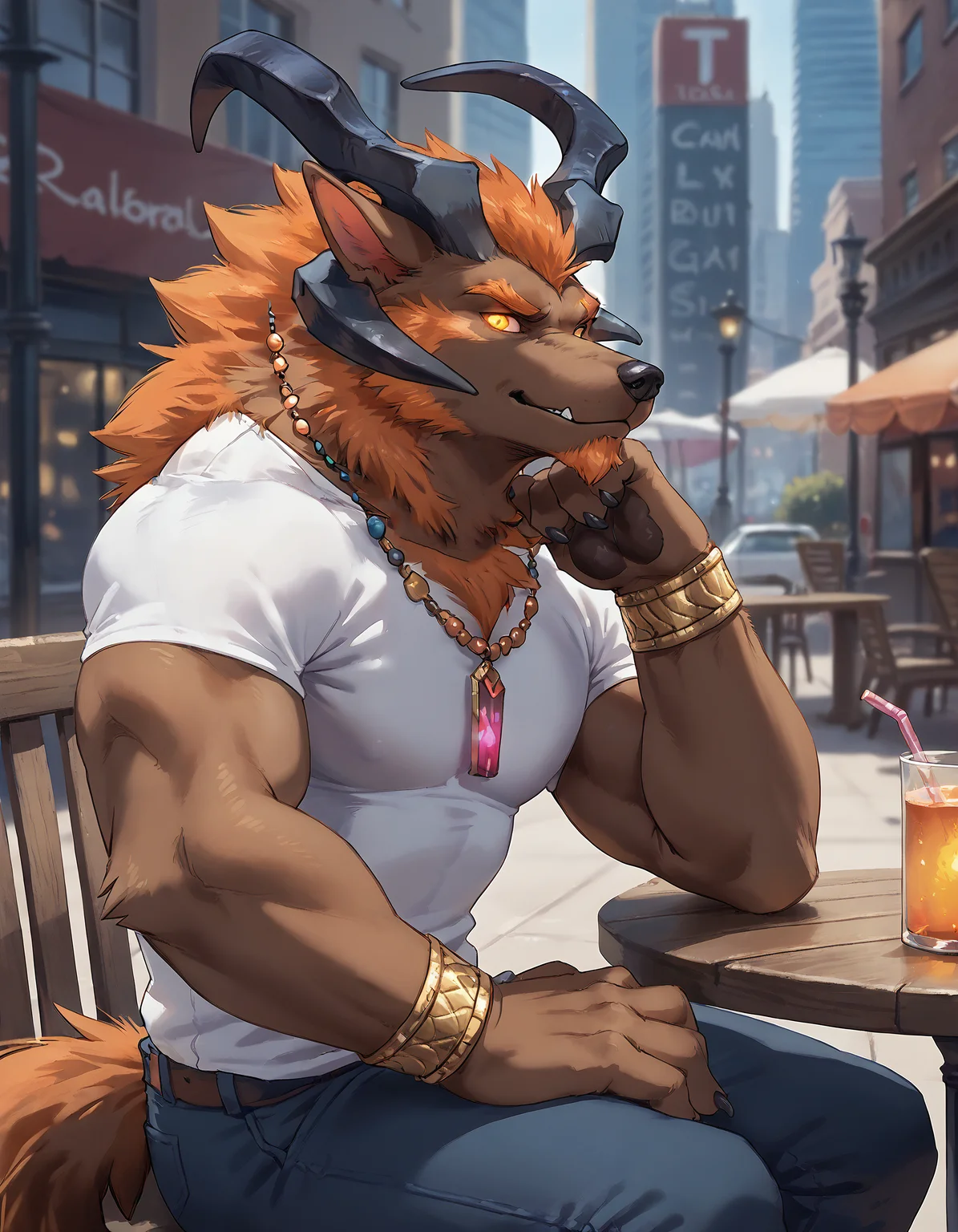 score_9, score_8_up, score_7_up, rating_safe, (ifrit_ffx), furry, canine, male, anthro, horns, markings, glowing eyes, solo, fur, wristband, jewelry, pants, white t-shirt, necklace, muscular, looking at viewer, city background, sitting, table, outside, close-up, side view <lora:ifrit_ffx:0.8>