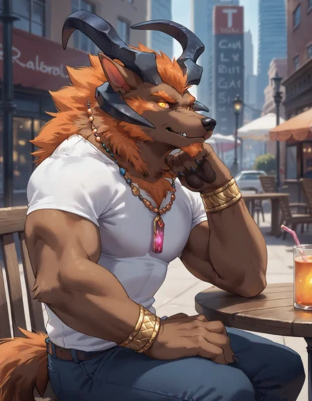 score_9, score_8_up, score_7_up, rating_safe, (ifrit_ffx), furry, canine, male, anthro, horns, markings, glowing eyes, solo, fur, wristband, jewelry, pants, white t-shirt, necklace, muscular, looking at viewer, city background, sitting, table, outside, close-up, side view <lora:ifrit_ffx:0.8>