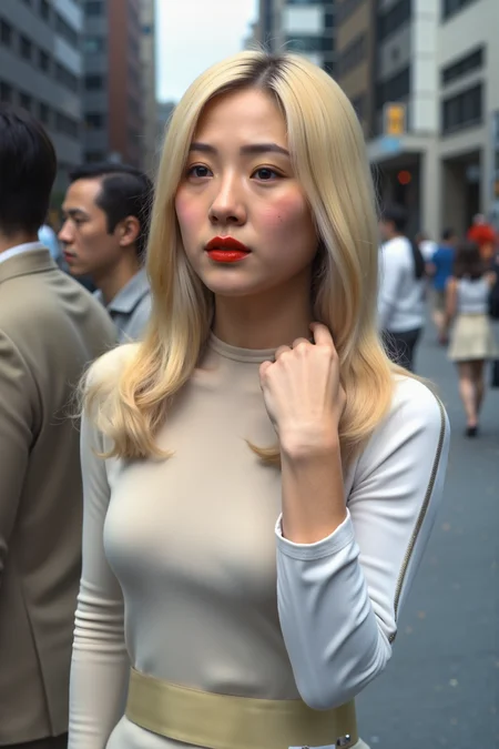 a young stunning japanese woman with straight yellow hair and red lipstick is walking on a busy city street wearing beige s1999unf with white left sleeve<lora:S1999_FLUX><lora:aidmaMJ6.1-FLUX-V0.1:0.6><lora:Movie_Portrait><lora:Flux DetailerV2>
