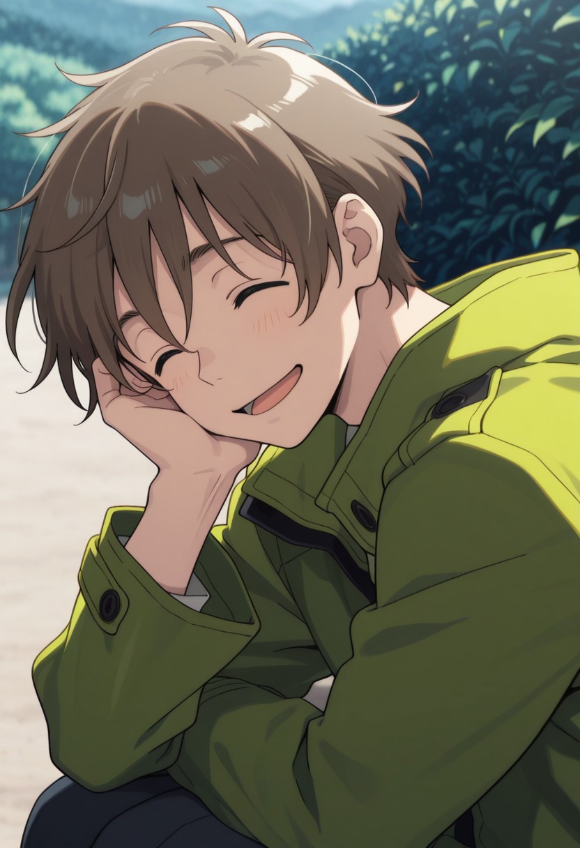 masterpiece,best quality,amazing quality, source_anime, 
shunhashimoto, 1boy, male focus, solo, closed eyes, brown hair, green jacket, smile, open mouth, outdoor,