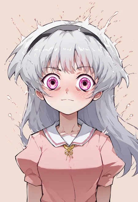 score_9, score_7_up, source_anime, uncensored, flat color, vector trace, zPDXLxxx, <lora:intricate_details:0.5> intricate_details_xl, barn, (splash art:1.25), visually stimulating, beige background, close-up, back focus,
1girl, solo, li, medium breasts, grey hair, topknot, bangs, hair pulled back, long hair, looking at viewer, Jubbah,
<lora:Higurashi_Looper_Eyes_v1.1:1> looper eyes, light pink eyes, glowing eyes, symbol-shaped pupils, eye reflection, white sclera, looking at viewer, <lora:Orenji_v3:1> orenji