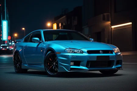 cars fantastic blue, [Nissan Skyline], speed, intricate detail ,neon city background, city background, night, HD. Photograph , in table((realism)), extremely high quality RAW photograph, ultra detailed photograph, sharp focus, high resolution, (detailed skin:1,3),high quality, film grain, Fujifilm XT3,Highly Detailed, movie, (Cinematic Photo:1.3) of (Realistic:1.3)