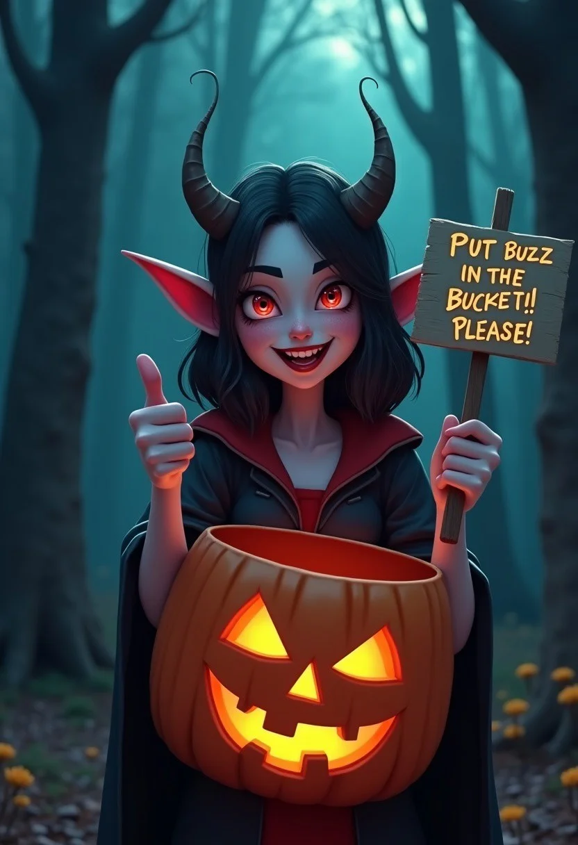 close up cinematic photo, a cute vampire lady, happy facial expression, holding a pumpkin shaped bucket with a sign on it saying ''Put Buzz In The Bucket! Please!'', thumbs up, night time, woods, highly detailed, illustration, high quality, clear, 4k,