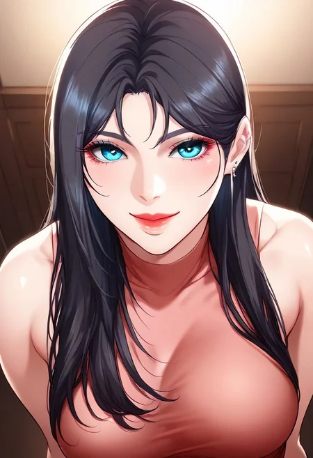 score_9, score_8_up, score_7_up, ASCII masterpiece, source_anime, BREAK, 1girl, solo, (( <lora:jang_si-hyun:1> , jang_si-hyun, thin waist, wide hips, beautiful skin, piercing blue eyes, clear eyes, bright pupils, beautiful eyes, beautiful black hair, beautiful long hair, huge and shaggy breasts, natural beauty, extraordinary beautiful woman, attractive woman, super sexy woman, lustful body, sexy woman with seductive obscene body, sensual body, voluptuous body, sexy beauty, no piercings, no piercing, )) , makeup, ((sexy sleeveless pink dress, ))  , indoors, shiny clothes, shiny skin, night club, erotic bar, classy decorations, cowboy shot, from above, looking at viewer, hands behind back, (detailed face, detailed eyes), delicate features, soft lighting, seducative smile, cute and sexy, very detailed, high detailed texture, uncensored, rare view,