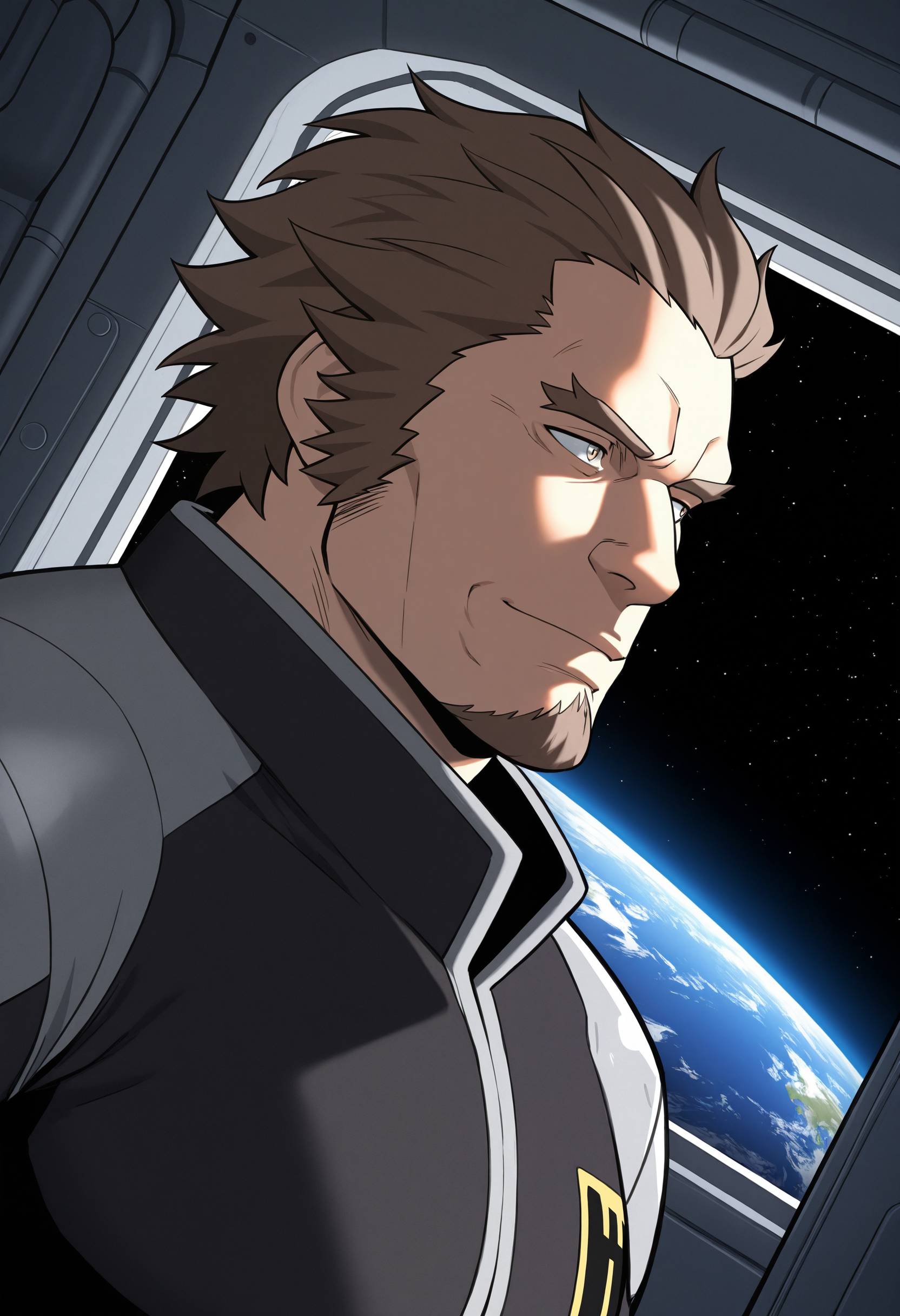1boy, (close-up:1.5), space, window, looking outside, dark, light smile, dutch angle, earth \(planet\), indoors, spacecraft interior, looking to the side,
BREAK
<lora:Crank_Zent_from_Dry_Soldier_by_Gai_Mizuki_v0.1:1> black jumpsuit,
crankzent, mature male, short hair, brown hair, sideburns, goatee, pectorals, thick arms,
BREAK
very awa, masterpiece, best quality, absurdres, newest, perfect quality, detailed background, intricate details,