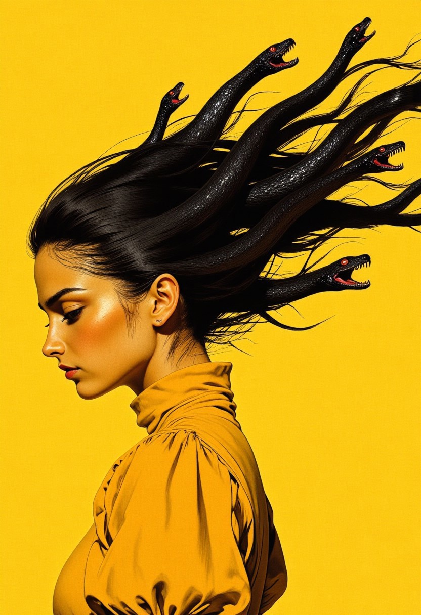 A woman’s side profile fills the frame, her eyes closed, her yellow skin seamlessly merging with the solid yellow background. She wears a yellow turtleneck dress with voluminous puff sleeves, the soft fabric folding gently over her shoulders. Her stark black hair lifts and flows outward, not perfectly straight but undulating subtly, as if caught in a slow, weightless motion. As it extends, the strands elongate and distort, seamlessly morphing into five distinct black snakes. Their bodies emerge naturally from the shifting hair, twisting slightly before taking form. The sleek, two-dimensional serpents maintain the same deep black as the hair, their sinuous shapes tapering towards their sharp heads. Each snake has narrow, glowing red eyes, their pupils thin slits against the darkness, and slightly parted mouths revealing sharp, tapered fangs. The surreal transformation blends seamlessly, the movement frozen in a moment of eerie elegance, where the boundaries between hair and creature dissolve into one fluid, graphic composition.