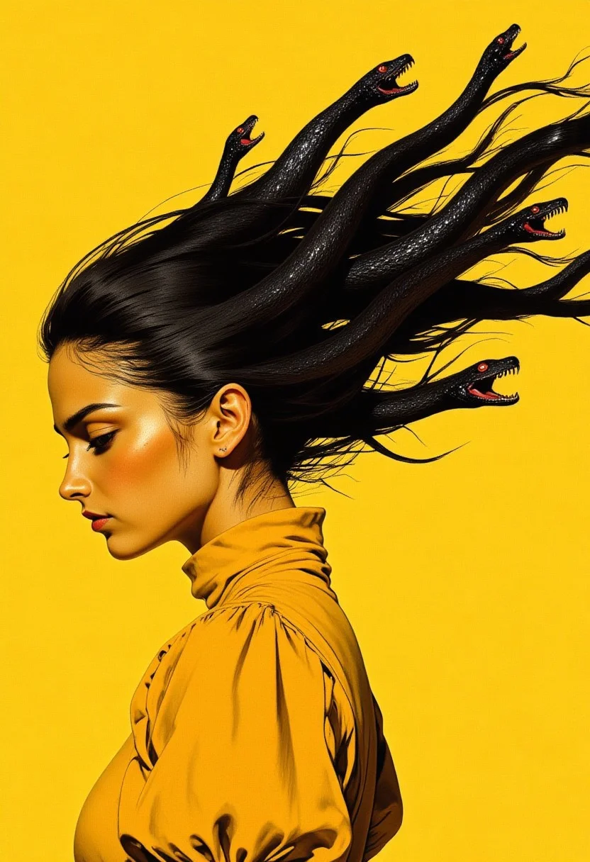 A woman’s side profile fills the frame, her eyes closed, her yellow skin seamlessly merging with the solid yellow background. She wears a yellow turtleneck dress with voluminous puff sleeves, the soft fabric folding gently over her shoulders. Her stark black hair lifts and flows outward, not perfectly straight but undulating subtly, as if caught in a slow, weightless motion. As it extends, the strands elongate and distort, seamlessly morphing into five distinct black snakes. Their bodies emerge naturally from the shifting hair, twisting slightly before taking form. The sleek, two-dimensional serpents maintain the same deep black as the hair, their sinuous shapes tapering towards their sharp heads. Each snake has narrow, glowing red eyes, their pupils thin slits against the darkness, and slightly parted mouths revealing sharp, tapered fangs. The surreal transformation blends seamlessly, the movement frozen in a moment of eerie elegance, where the boundaries between hair and creature dissolve into one fluid, graphic composition.