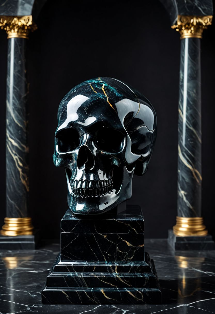 Fujifilm XT3, Sony A7 IV, (award winning photography) a (black: 0.89) marble skull made of opal (Kintsugi: 0.89) set on a pedestal in temple, glistening. in the background beautiful pillars, divine (iridescent: 0.79), opalescent textures, volumetric light, ethereal, sparkling, studio photo, highly detailed, sharp focus (highest quality: 1.39) (highest coherency: 1.39) (award winning photography), highly detailed photography, (muted colors, cinematic, dim colors, soothing tones:1.2), vibrant, insanely detailed, hyperdetailed, (dark shot:1.2), (vsco:0.3), (intricate details:0.9), (hdr, hyperdetailed:1.2) (vignette), sss, raw photo, fijifilm, kodak, cinematic film grain