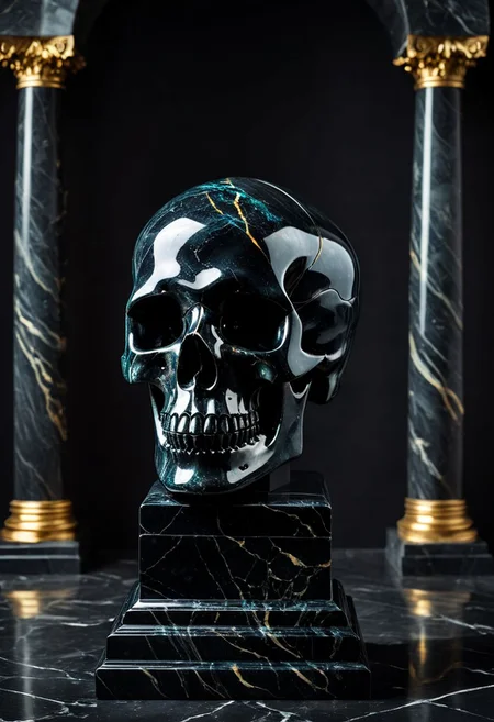 Fujifilm XT3, Sony A7 IV, (award winning photography) a (black: 0.89) marble skull made of opal (Kintsugi: 0.89) set on a pedestal in temple, glistening. in the background beautiful pillars, divine (iridescent: 0.79), opalescent textures, volumetric light, ethereal, sparkling, studio photo, highly detailed, sharp focus (highest quality: 1.39) (highest coherency: 1.39) (award winning photography), highly detailed photography, (muted colors, cinematic, dim colors, soothing tones:1.2), vibrant, insanely detailed, hyperdetailed, (dark shot:1.2), (vsco:0.3), (intricate details:0.9), (hdr, hyperdetailed:1.2) (vignette), sss, raw photo, fijifilm, kodak, cinematic film grain