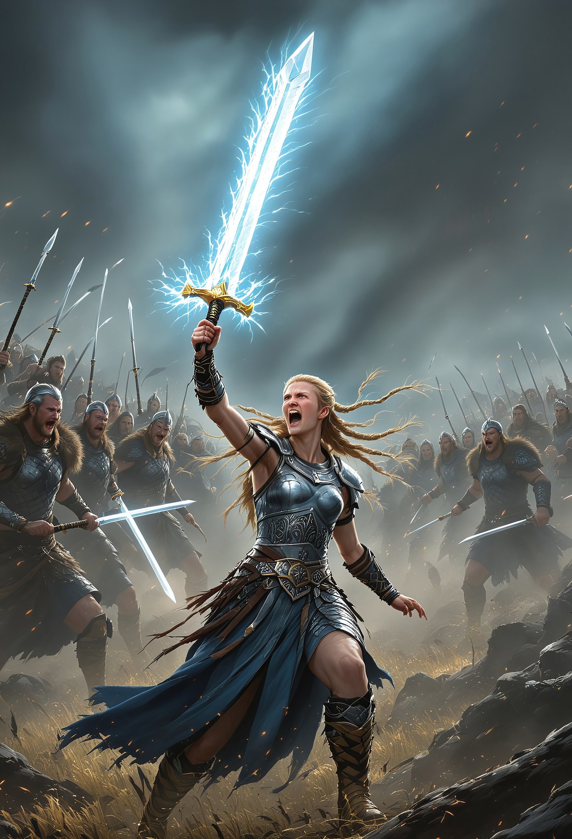Sinoink VALHERO a shieldmaiden holding up a glowing sword and yelling at the battle of ragnarok