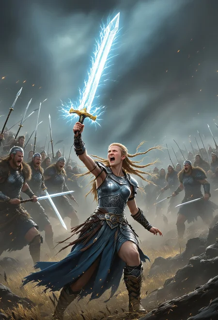Sinoink VALHERO a shieldmaiden holding up a glowing sword and yelling at the battle of ragnarok