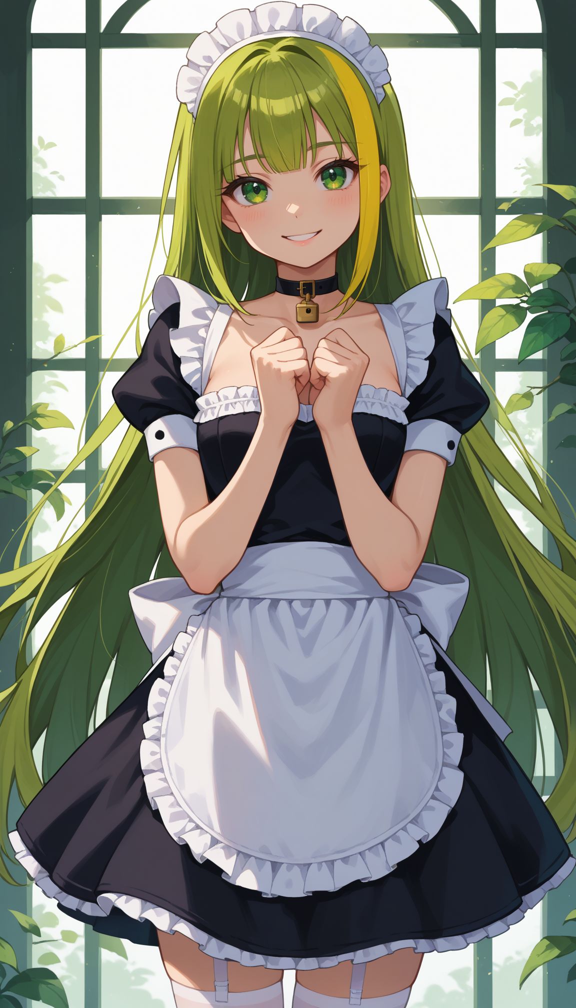 score_9, score_8_up, score_7_up, score_6_up, , solo, 20yo woman, (Beuty:1.1) , (cute:1.3), ,perfecteyes , seductive smile,perfect,  
,<lora:alina_gray:0.8> , green eyes,  very long straight green hair with a yellow streak, sidelocks, blunt ends,  lock between her eyes.
looking at viewer,cowboy shot, (black strapless dress),maid, white apron, white thighhighs,smile,holding a choker:
