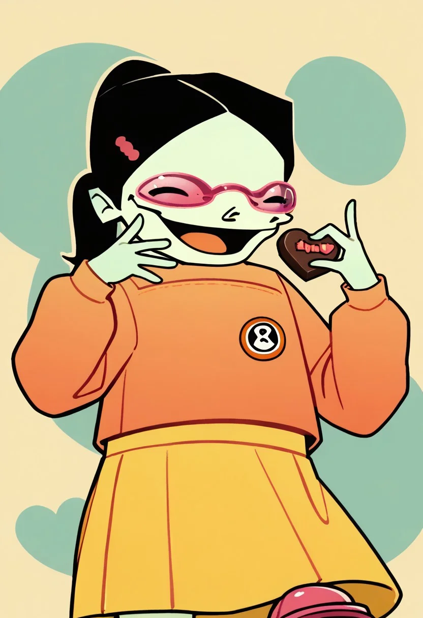 score_9, score_8_up, score_7_up BREAK melirie, 1girl, light green skin, black hair, ponytail, pink glasses, pink hairclip, orange longsleeved shirt, small penguin circle badge, yellow skirt, pink shoes, solo, laughing at viewer, offering heart chocolates, cowboy shot, laughing, solo focus,