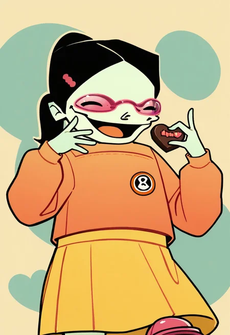 score_9, score_8_up, score_7_up BREAK melirie, 1girl, light green skin, black hair, ponytail, pink glasses, pink hairclip, orange longsleeved shirt, small penguin circle badge, yellow skirt, pink shoes, solo, laughing at viewer, offering heart chocolates, cowboy shot, laughing, solo focus,
