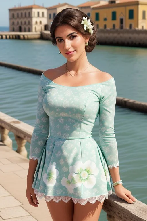 (Cinematic scene - full shot):100, fashion shot, focus on the model eyes:500, HD:10, Realism:100, anatomically correct:500, it's important to show fully the model figure:100,
A high resolution color digital photograph of ((((pier in Brindisi old town near the sea) ))):10, Sunny Summer day, Brindisi, Italy, 
((adult slender:20 beautiful ((fashion model)) (Italian ethnicity):10 brunette female:100, [skinny], [long legs :1.5], realistic skin texture:1000, natural look:100, Perfect Hands, OverallDetail:20,
wearing a 
(mint green and white big flowers printed) (round neckline):20 (Micro Mini):100  raglan sleeves dress, big bows,
flat sandals, 
)) is posing. 
Good scene exposure:5, Global light:1, vivid colors:1, ((bokeh)):10, shafts of light.