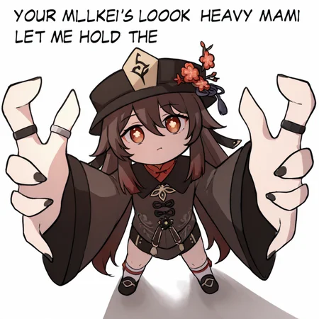 (masterpiece, amazing quality, best quality),
1girl, hu tao \(genshin impact\), brown hair, hat, long hair, jewelry, long sleeves, hat flower, flat chest, black nails, rings, jewelry, ring,
red eyes, symbol-shaped pupils,
<lora:YOUR_MILKERS_LOOK_HEAVY:1>, 1girl, pov, from above, reaching towards viewer, hands towards viewer, big hands, chibi, deadpan, neutral face, requesting, text, english text,