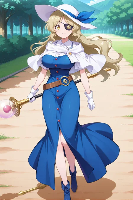 absurdres, highres, masterpiece, best quality, amazing quality, official anime artwork, screencap, anime screencap, outdoors, looking at viewer, light smile, dynamic pose, standing,
<lora:Watatsuki-no-Toyihime_Illustrious:1> watatsuki no toyohime, 1girl, solo, yellow eyes, blonde hair, long hair, large breasts,, watatsuki no toyohime \(plentiful temple of wealth and equality\), alternate costume, alternate hair color, brown hair, white hat, hat ribbon, blue ribbon, eyepatch, white capelet, white shirt, short sleeves, pinafore dress, blue dress, single strap, long dress, buttons, white gloves, brown belt, loose belt, blue footwear, holding staff, holding candy,