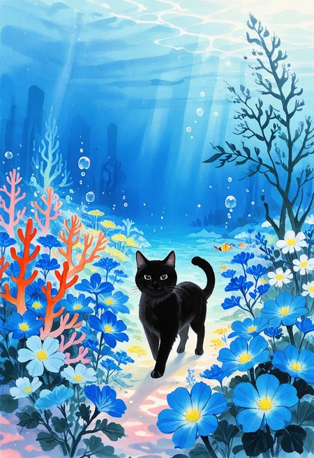 no humans, cat, black cat, flower, animal focus, darkness, surrounded by flowers, blue flowers, head tilt, scenery, walking towards viewer, underwater, coral, bubble, seaweed, colorful,
BREAK
best quality, masterpiece, very aesthetic, absurdres, highest detailed, very awa, <lora:Ink_wash_painting_style_v2.0:0.8> traditional media,