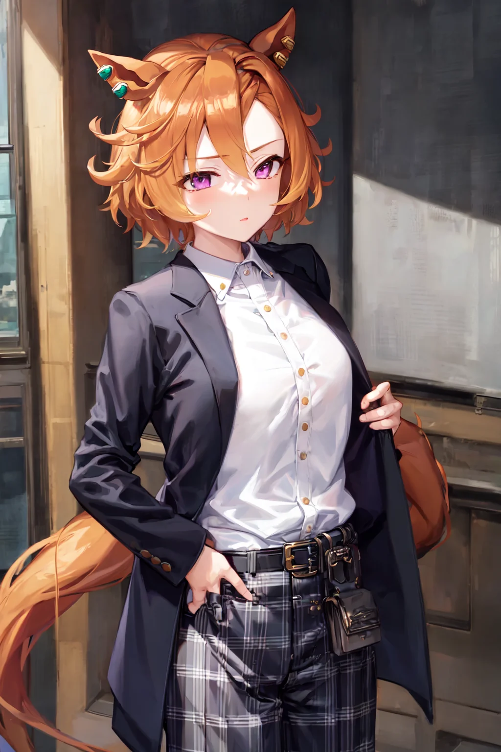 masterpiece, best quality,
t.m. opera o \(umamusume\),
ear piercing, white shirt, dress shirt, collared shirt, black jacket, open clothes, open jacket, long sleeves, shirt tucked in, belt, plaid pants
<lora:t.m._opera_o_loha:0.8>