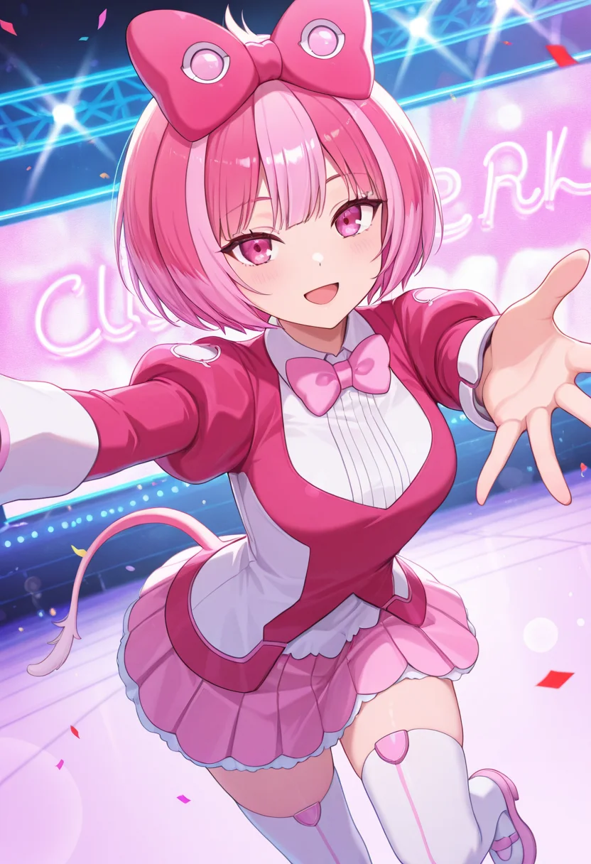 1girl,solo,<lora:mixil>,mix_(show_by_rock!!),pink eyes,pink hair,multicolored hair,short hair,pink bow,hair bow,tail,bowtie,puffy sleeves,long sleeves,skirt,thighhighs,looking_at_viewer,cowboy_shot,dynamic_angle,smile,open mouth,standing_on_one_leg,spread_fingers,outstretched arm,reaching_towards_viewer,leaning_forward,confetti,arena,neon lights,lens_flare,masterpiece,best quality,good quality,newest,incredibly absurdres,