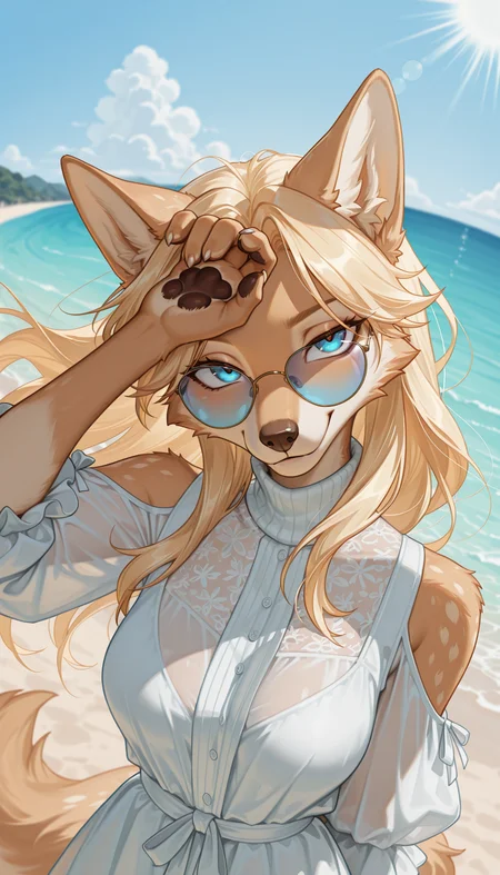 masterpiece, best quality, amazing quality, very aesthetic, 4k, high resolution, ultra-detailed, absurdres, newest, scenery, backlit, 1girl, furry, anthro, solo, blonde wolf girl, blonde hair, tanned fur, body fur, long hair, long ears, blue eyes, uneven eyes, upturned eyes, blue sunglasses on nose, smile, medium breasts, turtleneck (lace-trimmed:1.2) frilled puffy sleeve white dress, shoulder cutout, see-through_silhouette, shiny eyes, hand on own forehead, paw hands, head tilt, fisheye, upper body, portrait, dutch angle, from above, dynamic, beach, blue sky, island, floating hair, fluffy tail, BREAK, hands, fingers, (dappled sunlight, sunburst, lens flare:1.2), vignetting, dramatic shadow, cinematic lighting, rim light, detailed fluffy fur, detailed background, depth of field, vignetting, volumetric lighting