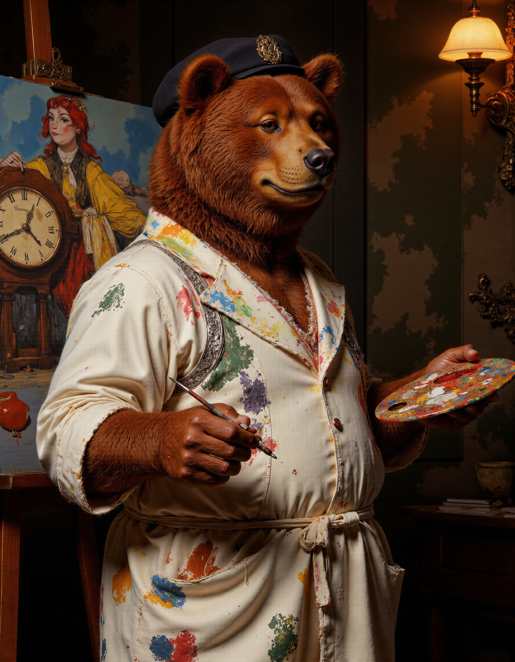 full body shot of Rembrandt style <lora:antr:1>, A comical, anthropomorphic bear dressed as an artist in a whimsical art studio. The bear is wearing a beret tilted to one side and a paint-splattered smock. It has a palette in one hand and a paintbrush in the other, with exaggerated artistic flair. The background features an easel with a half-painted canvas showing a funny or absurd scene (like a melting clock or a banana peel). The bear's expression is overly dramatic, like itâs deeply inspired or confused by its own work. Cartoonish, vibrant colors, playful lighting, and slight messiness around the workspace add to the humor. . Baroque, chiaroscuro, realistic, emotional, "flat lighting. Whole outfit, clear, sharp, balanced