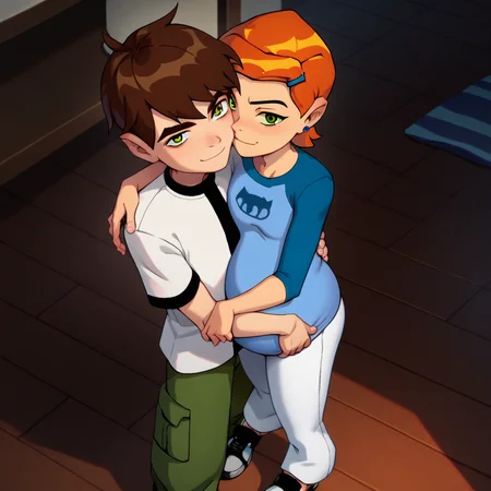 score_9, score_8_up,score_7_up, indoors, standing, hugging each other, cowboy shot, 1boy, 1girl, seductive smile, from above, looking at viewer, green eyes
BREAK <lora:ben_tennyson:1>boy with brown hair wearing white shirt and green pants
BREAK gwen_(ben10), blue shirt, white pants, pregnant