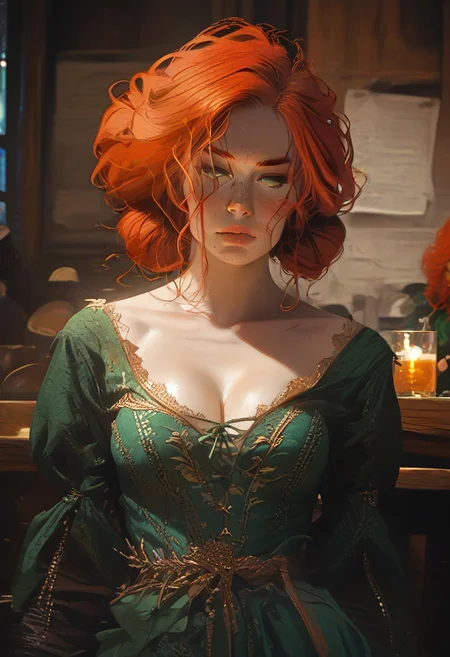 _Style, triss merigold, 1girl, solo, red hair, freckles, green eyes, hair bun, (cleavage, green dress, deep v), (score_9, score_8_up, score_7_up, score_6_up, score_5_up), standing still, Expressiveh, thick lips, (indoors, night, pub, depth of field) long shot, looking to viewer, (head, torso and thighs),