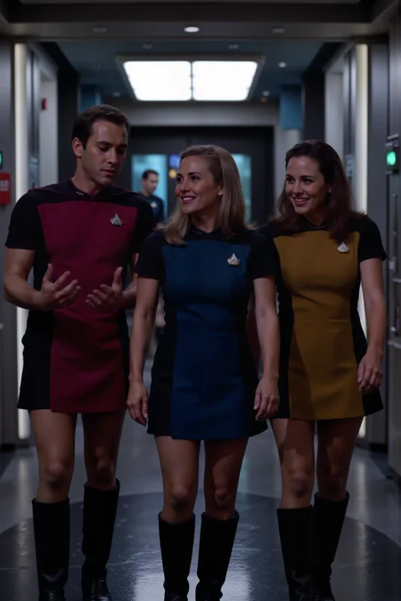 A high-quality photo capturing three people in red STSKNT uniform with black shoulders and sides and with short sleeves, blue STSKNT uniform with black shoulders and sides and with short sleeves, and yellow STSKNT uniform with black shoulders and sides and with short sleeves walking together through a sleek starship corridor. The corridor is illuminated by soft, futuristic lighting with glowing panels and high-tech control stations lining the walls. The individuals, each dressed in their respective uniforms, are engaged in animated conversation, exuding camaraderie and teamwork. The red-uniformed person, with a confident stride, gestures as they speak, while the blue-uniformed person listens intently, smiling with enthusiasm. The person in yellow, slightly ahead, glances back with a friendly expression. The uniforms are impeccably detailed, with their respective colors and insignias clearly visible. The corridorâs futuristic design features metallic surfaces, sleek lines, and subtle holographic displays, creating a dynamic and immersive setting. The photo captures the essence of adventure and collaboration aboard a starship.<lora:ST_SKANT_FLUX><lora:aidmaMJ6.1-FLUX-V0.1:0.6><lora:Movie_Portrait><lora:Flux DetailerV2><lora:TNGS1_FLUX:0.5>