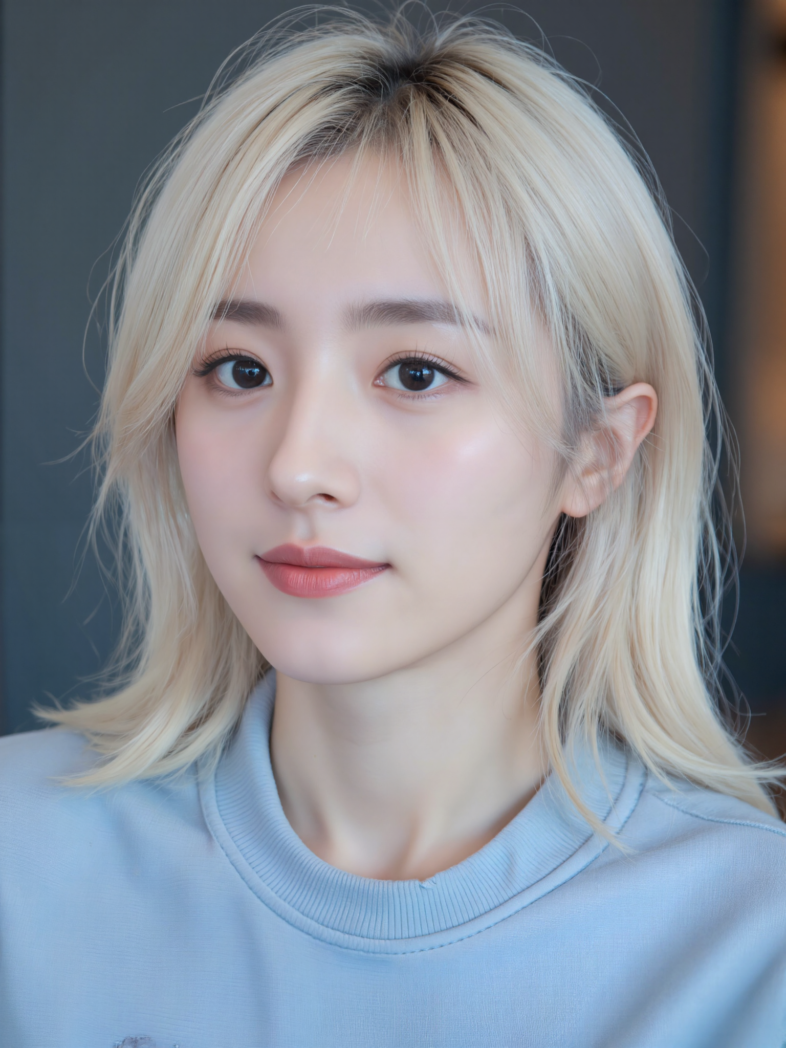 a woman, white hair, blue shirt, light smile, portrait, blurred background