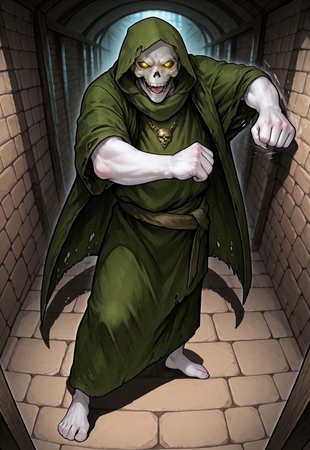score_9,score_8,score_7,source_furry,
(masterpiece, best quality, high quality:1.2), detailed hands,character focus, detailed skins, body blush, cinematic shadow, character focus, ultra detailed background, 
 <solo:1.5>, <1boy:1.5>,
(anime:3.5), (upper body focus:1.5),
detailed skull, detailed face, detailed teeth,
polewiz, male focus, white skin, skull, bald, teeth, tongue, green hood, green cloak, green robes, torn robes, Olive color kanzugi, short kanzugi, green skirt, glowing eyes, yellow eyes, deep eyes hole, long fingernails, gaunt, bony, barefoot, (detailed toes:1.8), adult,
dungeon background, block wall, passageway in distance,
dynamic pose, (punching:1.5),(attack:1.5),