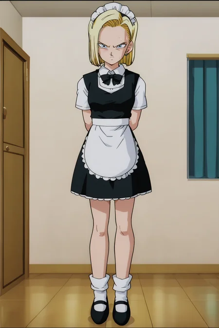 source_anime, score_9, score_8_up, score_7_up, anime screencap,
detailed face, android 18, 1girl, solo, looking at viewer, short hair, blue eyes, blonde hair, maid school uniform, annoyed, embarrassed, indoors,
<lora:c18_pony_v1:0.8>