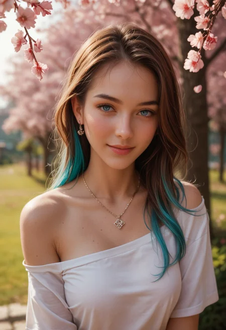 score_9_up, score_8_up, score_7_up, score_6_up, 1girl, 25 years old, perfect face, (adult), sexy,
three quarter view, detailed face, portrait, face focus, depth of field, looking at viewer, blush, shy smile,
blue eyes,
multicolored hair, long hair, colored inner hair, brown hair, cyan hair,
earings, necklace,
off-shoulder shirt, white shirt, bare shoulders,
cherry blossoms,