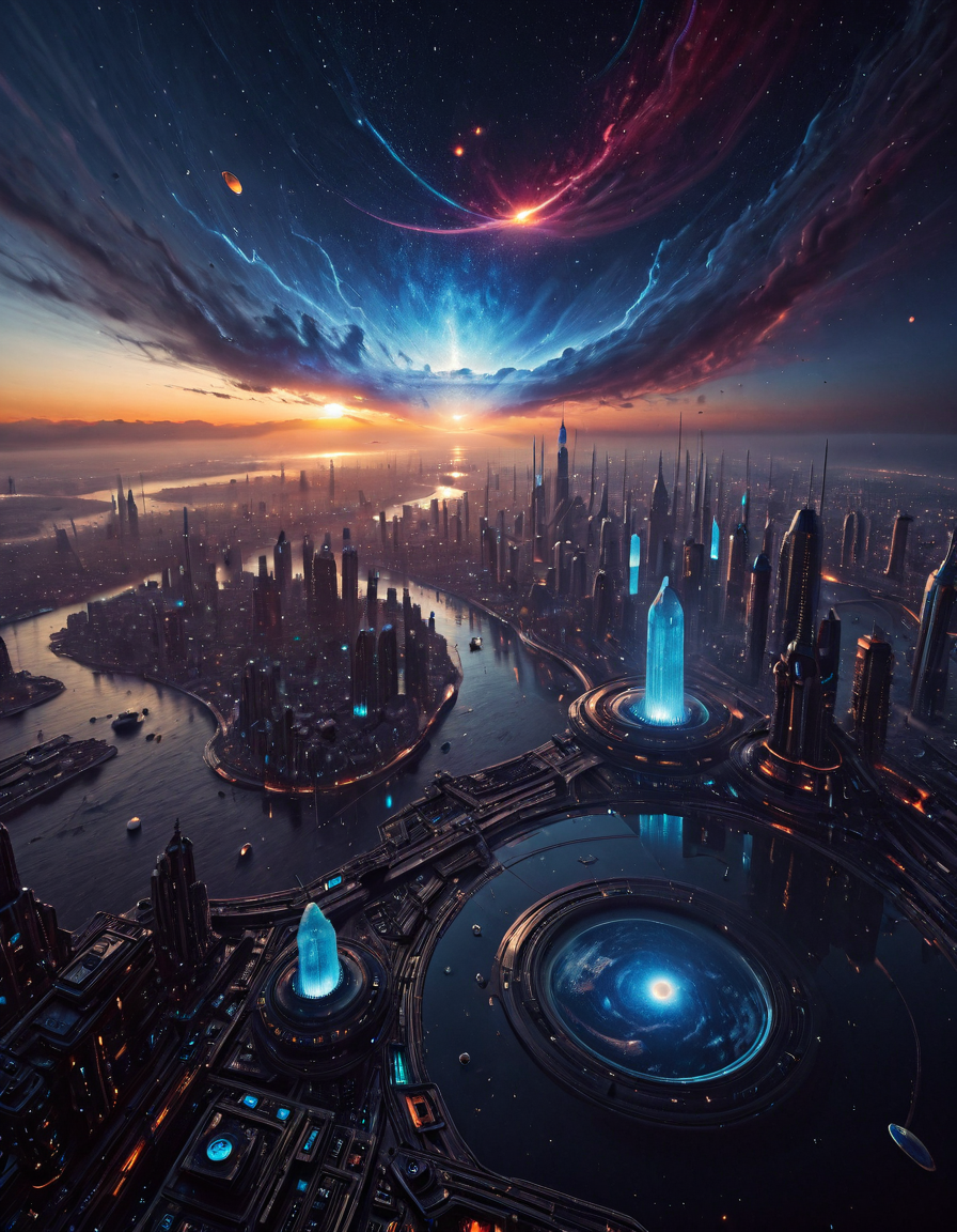 <lora:Space_Worlds_Minis_4:1> swminis4, clouds, bridge, kawaii, sea, detailed, stuning effects, futurist space dramatic scene, photo, planet, spaceship, global illumination, space, blue fire shards, emotional, harmonious, 4k epic detailed, shot on kodak, 35mm photo, sharp focus, epic, gorgeous, glowing, highly detailed, complex artistic background, sharp, focus, perfect, intricate, beautiful, elegant, designed, inspired, vibrant, dramatic cinematic colors, illuminated, translucent, transparent, magical, full, epic, glowing, cyberpunk technoware, mist, spectacular, reflections, runes, silver, gold, ultra realistic, storm, white gold buildings, in a huge futuristic cyberpunk city, cyberpunk city skyline, mist, illuminated, perfection style, perfection, depth of field, dusk, poetic, stars, bokeh