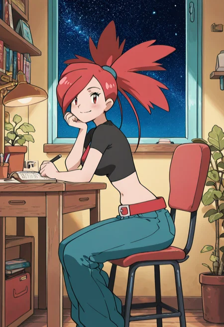 masterpiece, best quality, solo, curvy, beautiful eyes, aged up, large breasts, wide hips, narrow waist, 1girl, solo, smile, looking at viewer, zzFlannery, red eyes, hair over one eye, big hair, ponytail, red hair, spiked hair, long hair, crop top, midriff, red belt, denim jeans, ,<lora:FlanneryPokemon_IXL:1.0>, , zzLofi, sitting, side view, desk, chair, book, bookshelf, head rest, holding, holding pen, lamp, night, open book, pen, plant, potted plant, sky, star (sky), starry sky, window, windowsill, writing, <lora:LofiGirl_Style_IXL:0.8>,