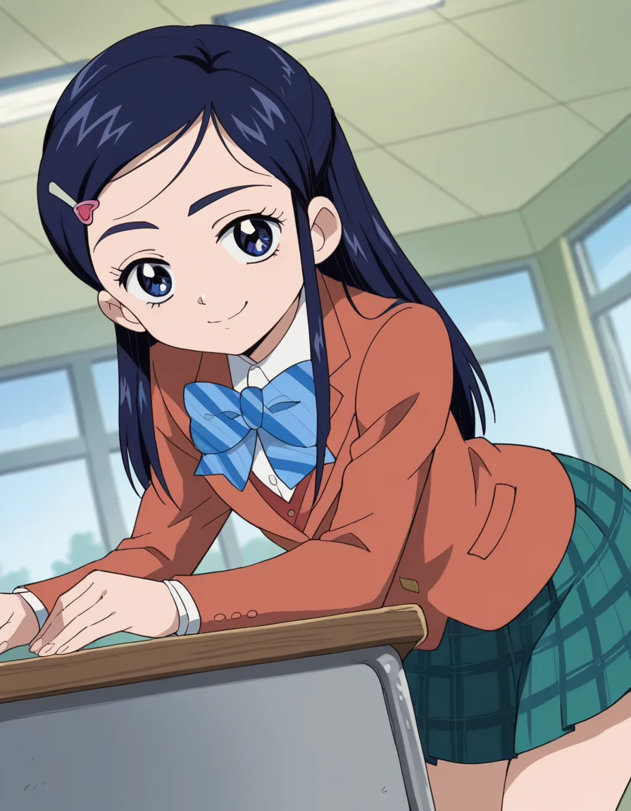 score_9, score_8_up, score_7_up, source_anime, <lora:honoka-yukishiro-anime-ponyxl-lora-nochekaiser:1>, honoka yukishiro, long hair, blue eyes, hair ornament, blue hair, hairclip,, skirt, bow, school uniform, jacket, bowtie, blue bow, blazer, brown jacket, plaid, plaid skirt, green skirt, red blazer,, indoors, bent over, smile, smug, looking at viewer, solo,, cowboy shot, dutch angle