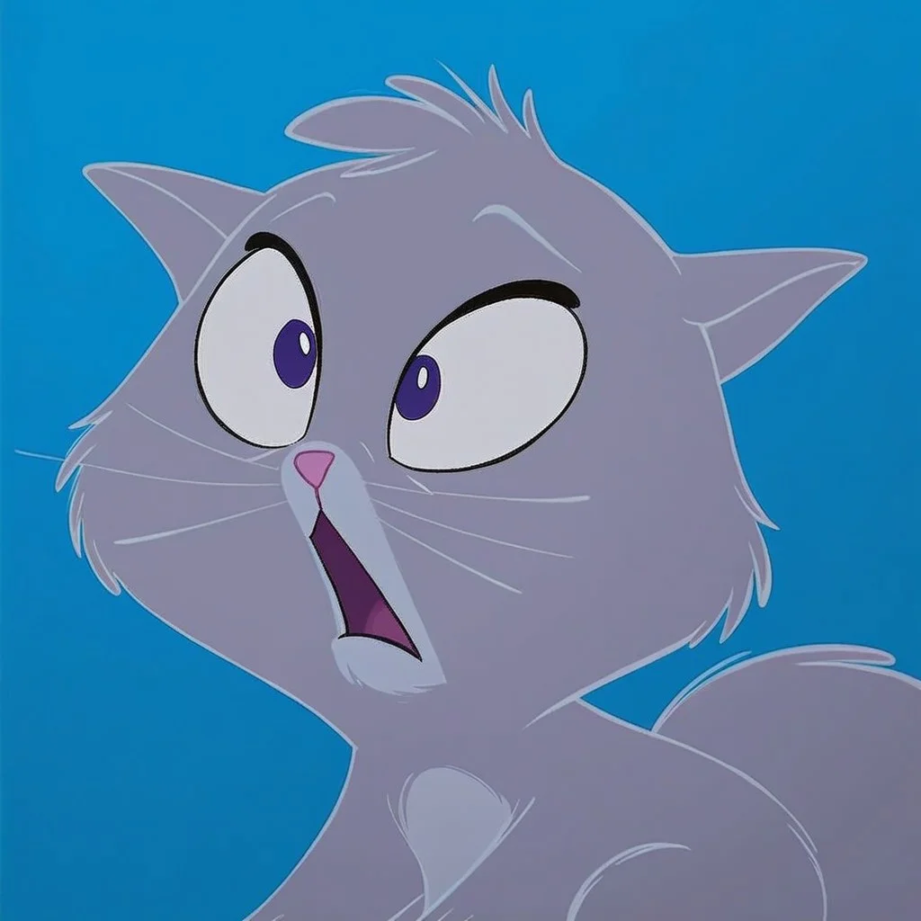 score_9, score_8_up, score_7_up, Expressiveh, masterpiece, best quality, highly detailed, realistic, zPDXL3, 1girl, solo, (CatYzma, furry, feral, feline, female cat, grey body, grey fur, dark-purple eyes, pink nose, whiskers, fluffy tail), open mouth, shocked expression, wide eyes, ((((blue background, simple background))))