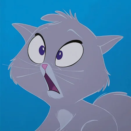 score_9, score_8_up, score_7_up, Expressiveh, masterpiece, best quality, highly detailed, realistic, zPDXL3, 1girl, solo, (CatYzma, furry, feral, feline, female cat, grey body, grey fur, dark-purple eyes, pink nose, whiskers, fluffy tail), open mouth, shocked expression, wide eyes, ((((blue background, simple background))))